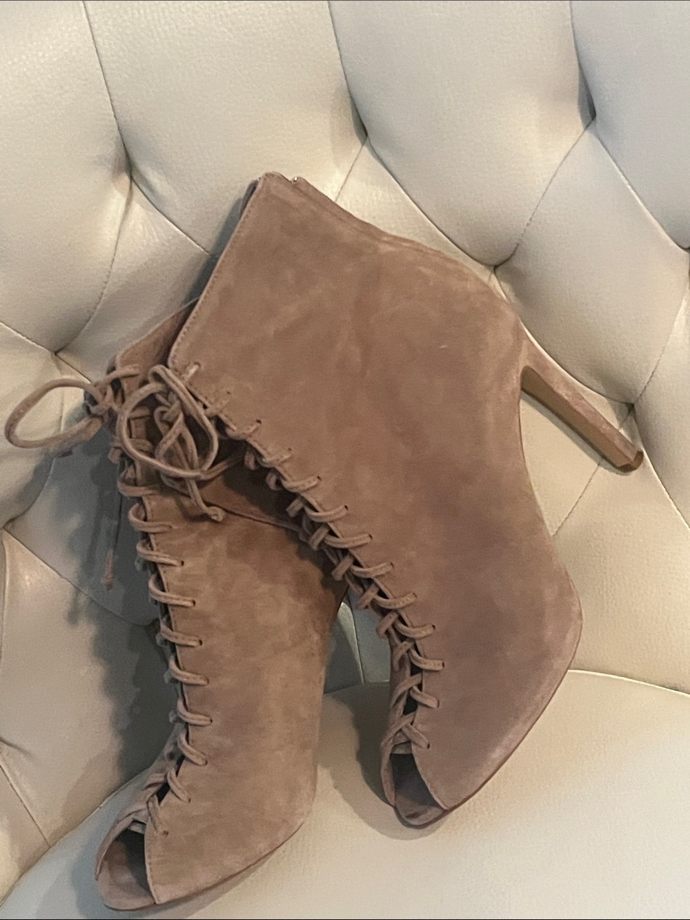 Vince Camuto Suede Lace-Up Peep-Toe Ankle Booties - Taupe
